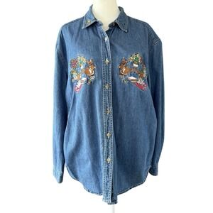 VTG Bobbie Brooks Embroidered Cats Books Plants Denim Button Up Shirt Womens L